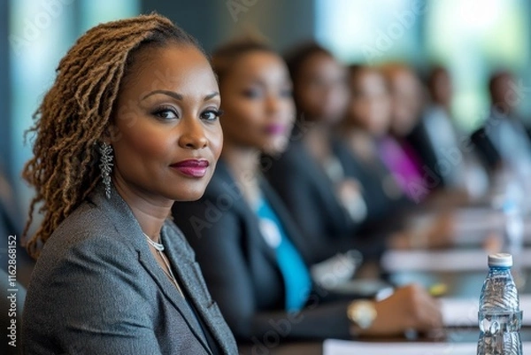 Obraz Confident Businesswoman: A Portrait of a successful African American businesswoman at a conference table, exuding confidence and leadership. Her presence commands attention. generative ai