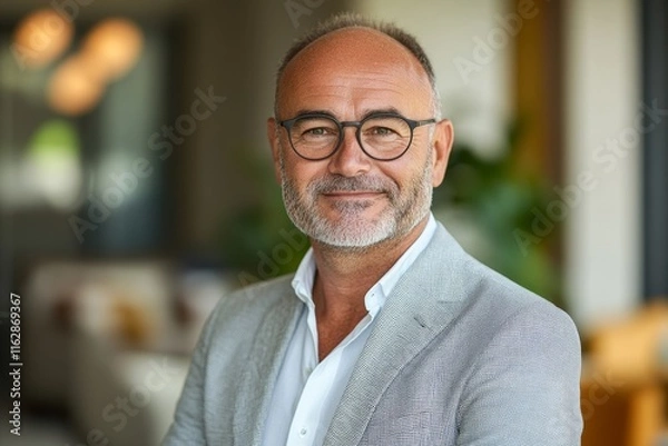 Obraz mature 50 year old confident professional manager, confident businessman investor looking at camera, smiling mid aged older business man executive standing in office, Generative AI