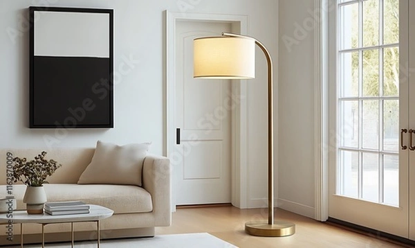 Fototapeta arafed floor lamp in a living room with a couch and a table