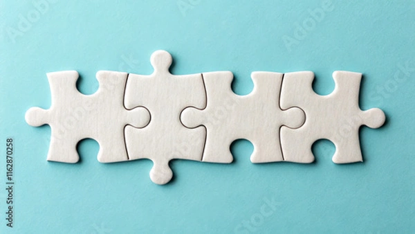 Fototapeta Four white puzzle pieces are aligned in a straight row against a light blue background. The pieces fit together perfectly, creating a seamless connection.AI generated.
