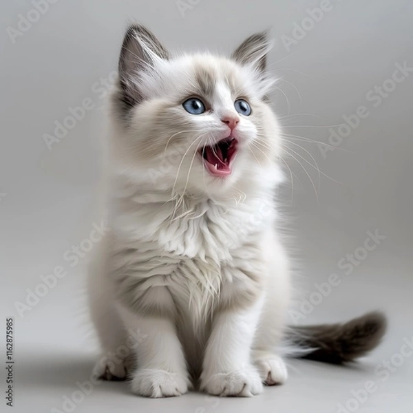 Fototapeta there is a white cat with blue eyes sitting on a table
