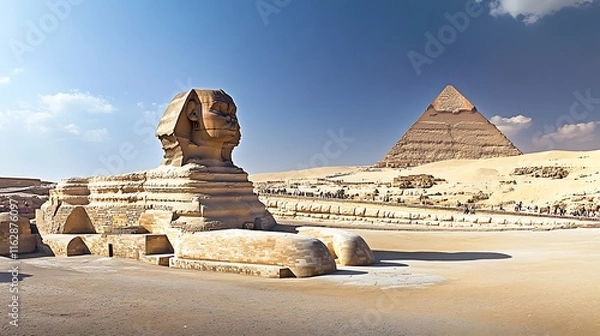 Fototapeta araffes in front of a pyramid and a sphinx in the desert
