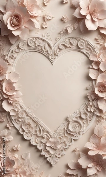 Fototapeta Delicate paper background with heart shape and intricate flower ornaments, decorative, botanical