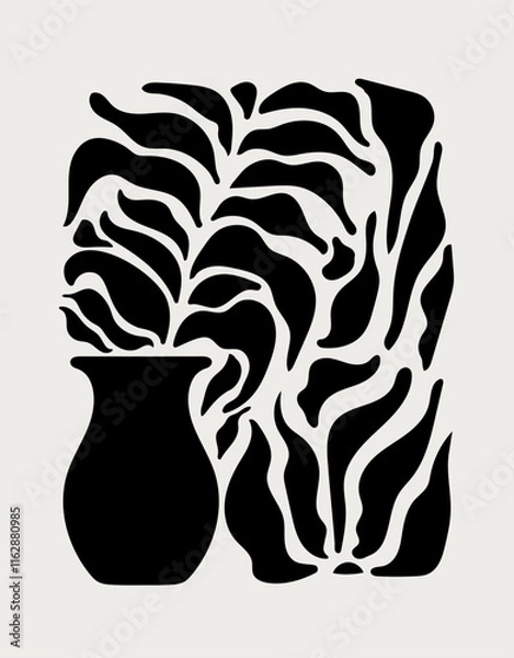 Obraz Hand drawn black organic shapes on a cream background. Elegant poster or greeting card. Abstract background.
