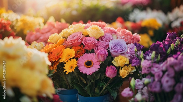Obraz A vibrant collection of potted gerbera daisies in pink, yellow, orange, and red, beautifully arranged in a sunlit garden shop, creating a lively and colorful display.