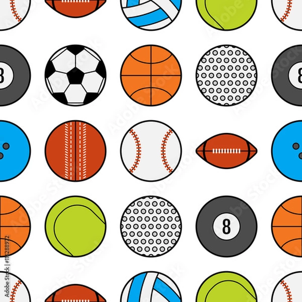 Fototapeta Seamless pattern with different sport balls. Flat icons and objects.