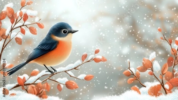 Fototapeta Small bird perched on snow-covered branch in winter forest.