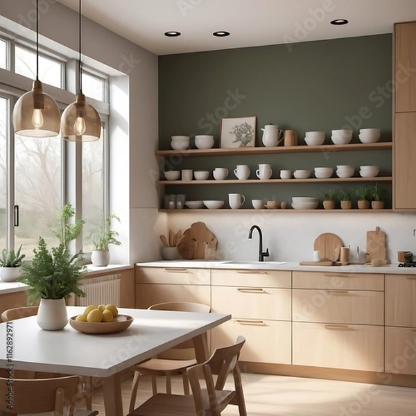 Fototapeta a Scandinavian-inspired kitchen with light wood cabinetry, white countertops, open shelving, and minimalist pendant lighting.