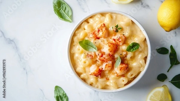 Fototapeta Gourmet macaroni and cheese topped with lobster chunks, isolated on a white marble background with lemon slices