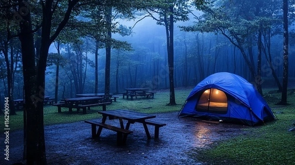 Fototapeta Illuminated tent in misty forest rain.
