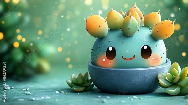 Fototapeta Adorable Cartoon Cactus in a Teal Pot