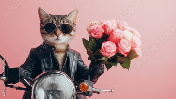Fototapeta Women's Day  and Valentine's Day Greeting Card: Stylish Cat with Roses on a Motorcycle in sunglasses and a leather jacket, riding a motorcycle with a bouquet of roses  with style and humor