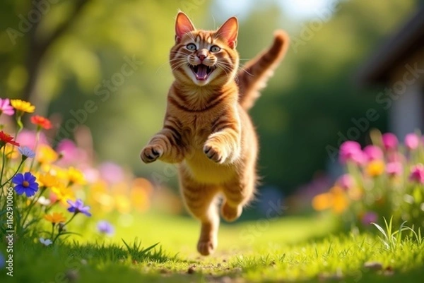 Fototapeta Playful Abyssinian cat leaping through a field of colorful flowers with joy and exuberance