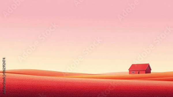 Fototapeta A small red house sits alone in a vast, rolling landscape of red and orange fields under a soft pink sky. Minimalist and serene.