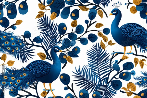 Fototapeta seamless pattern of elegant peacocks with flowing tail feathers in jewel tones watercolor illustration style