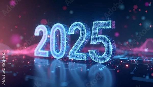 Obraz The number  2025 icon in digital hologram style on abstract background with glowing network elements