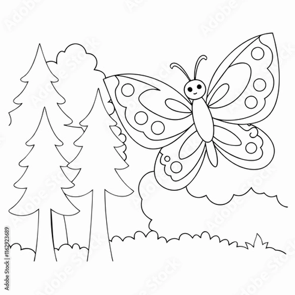 Fototapeta  butterfly flying in the forest coloring book vector