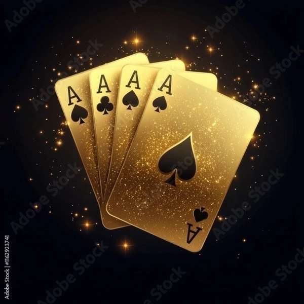 Fototapeta Creative casino background, poster template, gaming design, flyer, banner, website header, advertisement. Golden 3d figures of casino playing cards suits. 3D render, Copy space