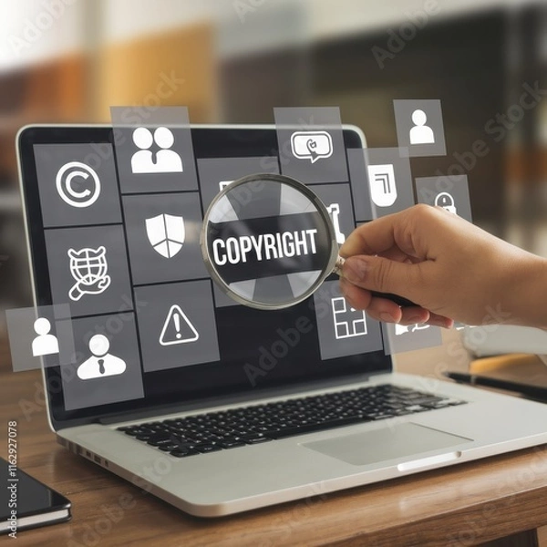 Obraz Businessman working on laptop, copyright and patent concepts, intellectual property, author rights, license