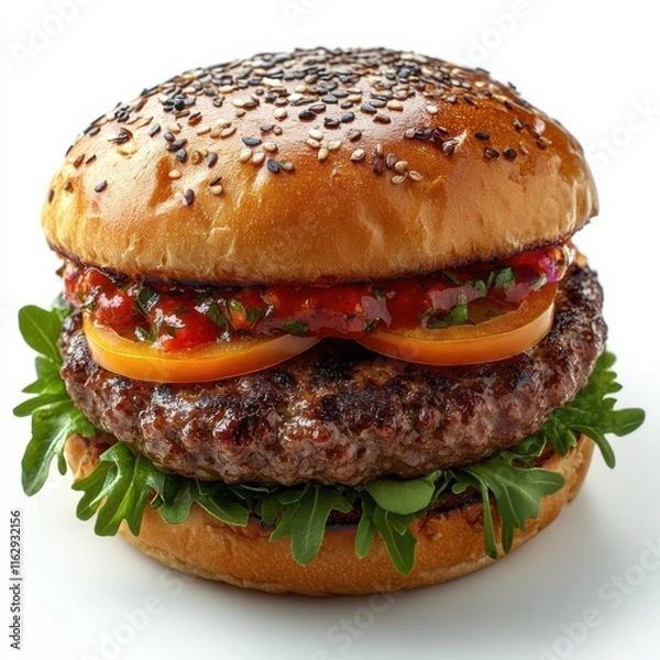 Fototapeta A juicy cheeseburger with a sesame seed bun, lettuce, tomato, onion, and a slice of cheddar cheese.