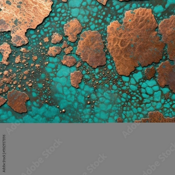 Fototapeta A mesmerizing abstract artwork featuring a textured copper surface with a deep turquoise patina and scattered golden droplets resembling a celestial landscape.