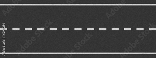 Obraz White line on tarmac road top view. Highway traffic road vector illustration. Background of asphalt surface texture. Roadway pattern. Straight urban driveway