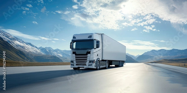 Fototapeta Blank cargo truck on the empty sunny road on background of mountains and sky 