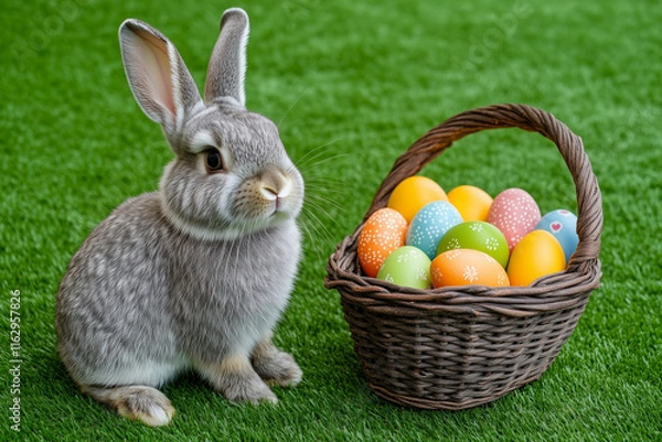Obraz Cute Easter bunny with colorful eggs in a basket on a green grass background. Fluffy rabbit sitting near Easter eggs