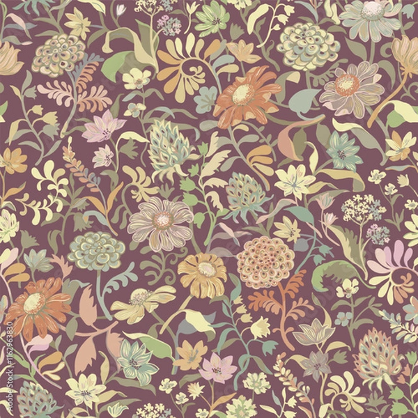 Fototapeta Vector, non directional floral pattern featuring a rich variety of simple daisies, lavender, dahlias, gerberas, ferns abstract, hand drawn flowers, leaf silhouettes on a pastel burgundy background.