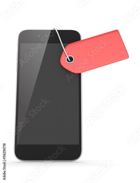 Fototapeta Smart phone with red price tag on white background. Identification, price, label. 3D rendering.