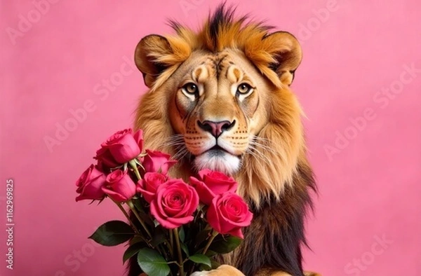 Fototapeta Funny Happy Valentine's Day greeting card with lion holding bouquet of pink roses. Flowers and wild animal on pink background. Funny advertising banner, poster. Space for text, copy space