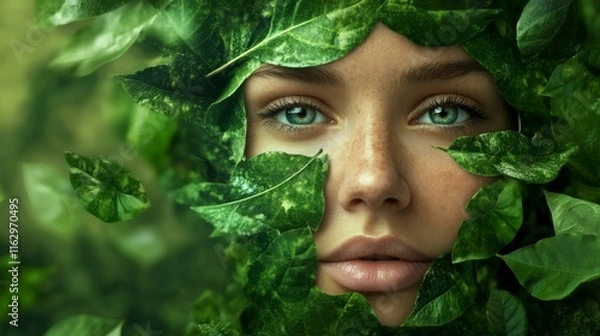 Obraz A young woman is surrounded by lush green leaves, her striking eyes visible among the foliage. She exudes a calm vibe in a tranquil natural environment, capturing the essence of harmony