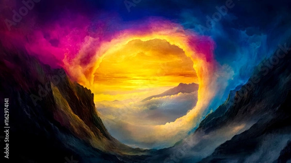 Fototapeta Colorful clouds surrounding golden sunset over mountains, digital painting