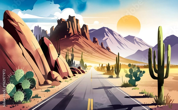 Fototapeta Road through desert in Mexico or southern USA, classic landscape with sand, rocks and cacti, illustration for web and media