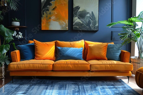Fototapeta cozy corner is decorated in a modern style with an emphasis on the contrast of warm and cold tones.