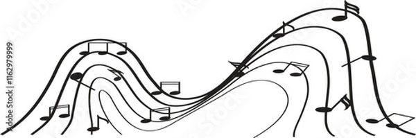 Fototapeta Music notes wave, Curve musical signs, sound wave line symbol, acoustic composition, Musical note, music sound, musical waves