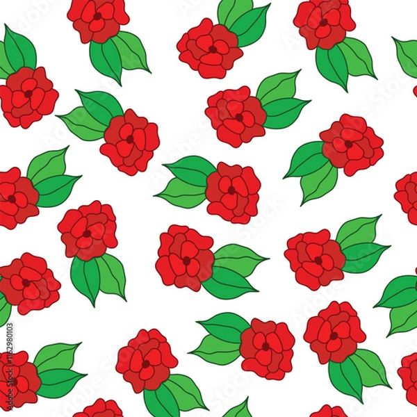 Fototapeta red colored sweet peas flower scattered on white surface seamless pattern. Red flowers romantic seamless pattern. 
