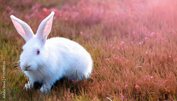 Fototapeta AI generated image of a cute white bunny rabbit in field of grass and flowers.