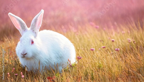 Fototapeta AI generated image of a cute white bunny rabbit in field of grass and flowers.