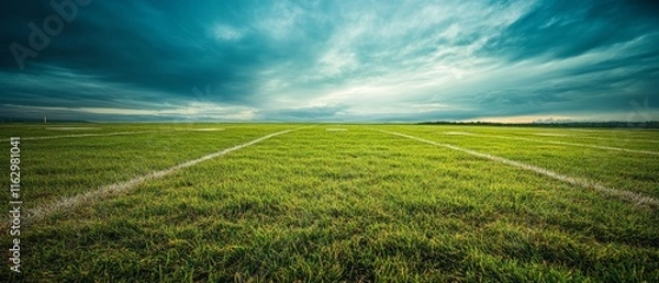 Fototapeta A field of grass with a few white lines on it