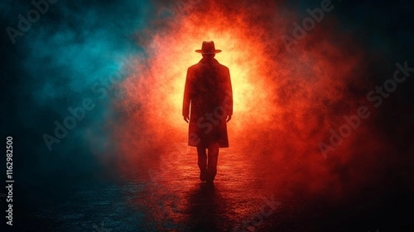 Fototapeta A man in a hat is walking through a foggy, red and blue background