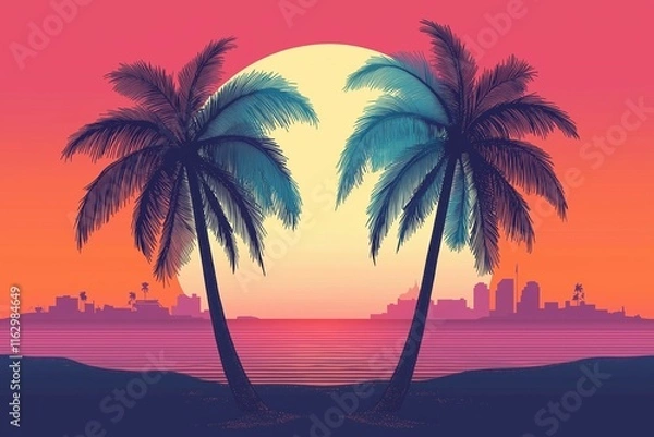 Obraz Cartoon flat tropical sunset with palms