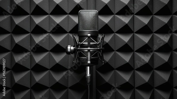 Obraz An acoustic foam wall serves as the backdrop for a studio microphone with pop-up filters. Banners for podcasts, radio broadcasts, and music production, Generative AI.