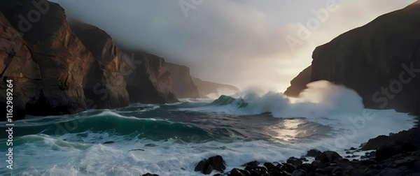 Obraz A dynamic shot of a rocky coast with waves crashing against cliffs capturing the power of the ocean in motion
