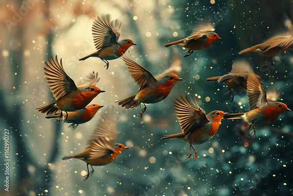 Fototapeta wildlife migration, a group of robins soaring through the woods