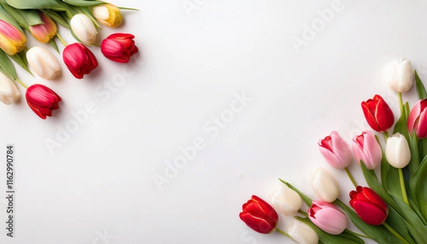 Fototapeta Romantic postcard mockup, Valentine's Day theme, free space for text. White background, surrounded by fresh tulips. White background.