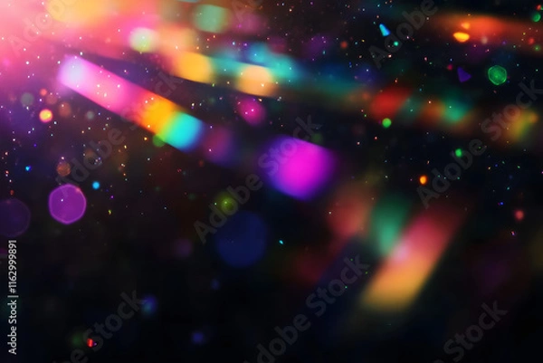 Obraz Iridescent prism light effect on black background, rainbow of colors on the black background. Glowing colorful lights and a bokeh lens flare with space, abstract refraction of sunlight prism effect