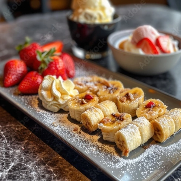 Obraz small bite banan rolls on a grey rectangle plate with a medium sized ice cream bowl on the plate and strawberries