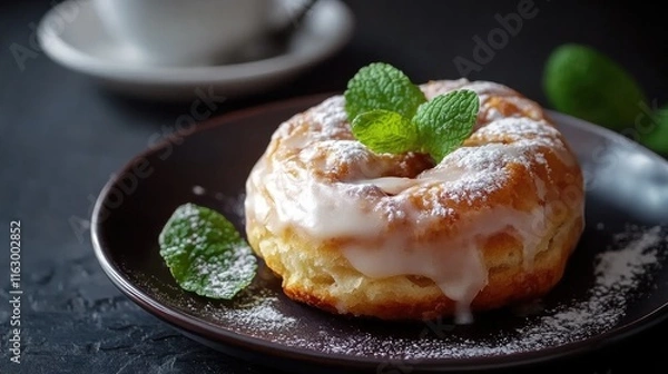 Obraz Gourmet cinnamon rolls with icing and mint leaves on a dark plate beside coffee creating a delicious breakfast scene close up