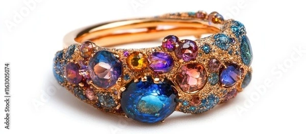 Fototapeta Elegant gemstone ring with colorful stones and intricate design on a white background showcasing luxury and craftsmanship.